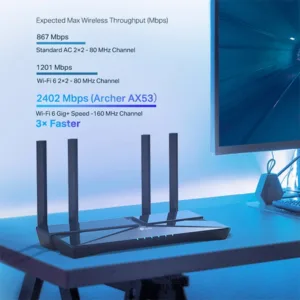 routeur tp link archer ax53 wifi 6 bi bande ax3000 avec 2402 mbps sur 5 ghz 574 mbps sur 24 ghz gigabit ethernet et securite homeshield bon prix maroc casa rabat tanger maxfor systeme 4