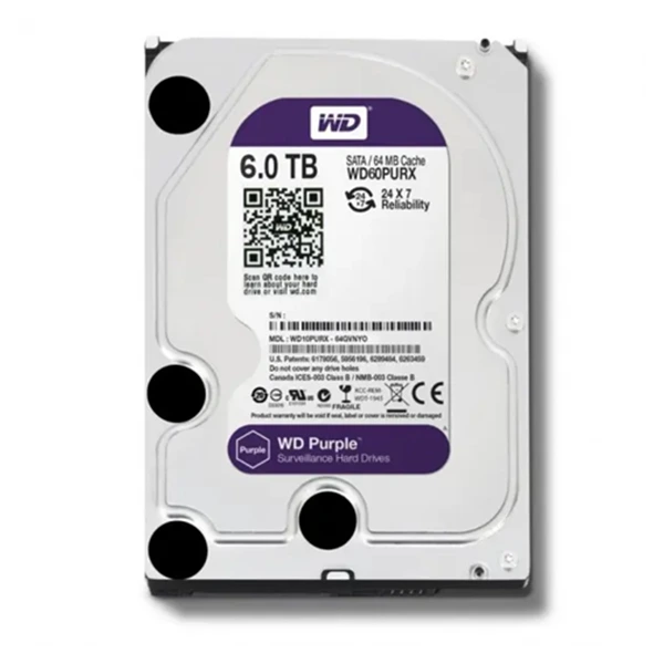Disque Dur WD Purple 6TB 3.5" SATA3 64MB IntelliPower - Spécial Vidéosurveillance 24/7 (WD62PURX-78)