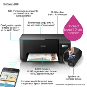 imprimante multifonction jet encre epson ecotank l3250 reservoirs rechargeables wi fi impression haute resolution 5760 dpi jusqua 8100 pages en noir bon prix maroc casa rabat tanger maxfor syste5